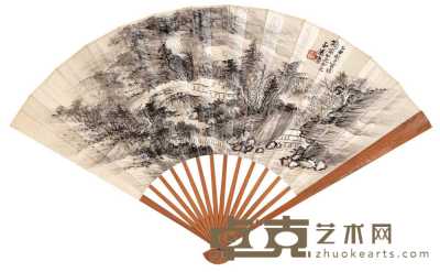 萧愻 1925年作 幽谷鸣泉 成扇 19.5×53.5cm